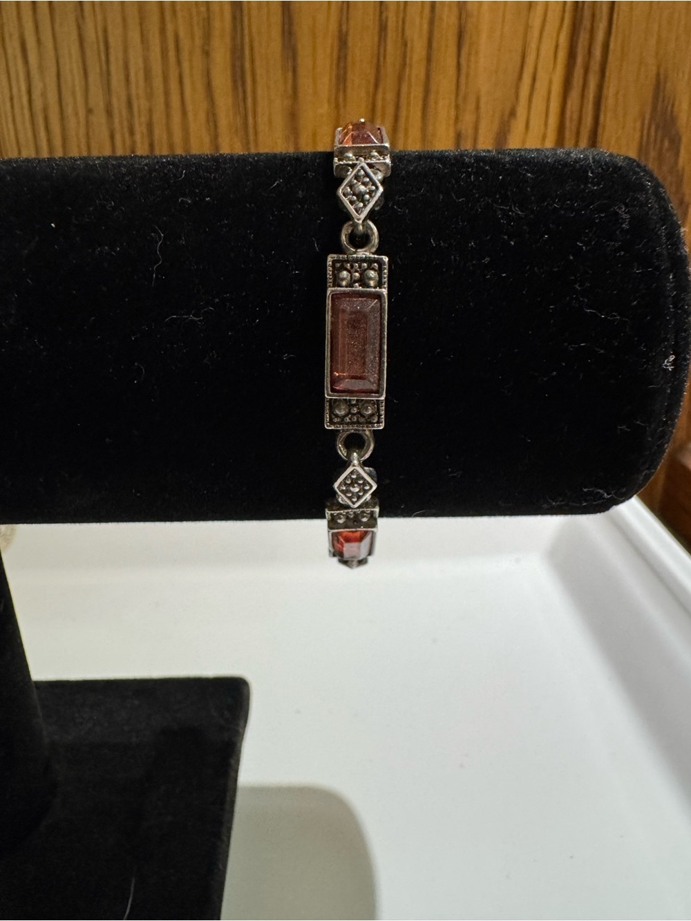 Art Deco Style Silver Tone Faceted Amber Glass Panel Link Bracelet